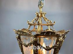 Chandelier Lantern French Louis XVI Bronze Gold Leaf Floral Glass Vintage