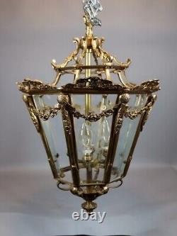 Chandelier Lantern French Louis XVI Bronze Gold Leaf Floral Glass Vintage