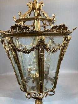 Chandelier Lantern French Louis XVI Bronze Gold Leaf Floral Glass Vintage