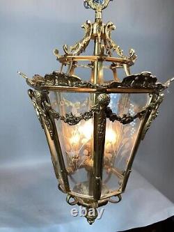 Chandelier Lantern French Louis XVI Bronze Gold Leaf Floral Glass Vintage