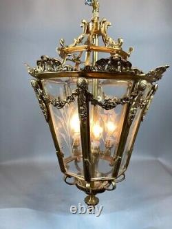 Chandelier Lantern French Louis XVI Style Bronze Gold Leaf Elegant Vintage Light