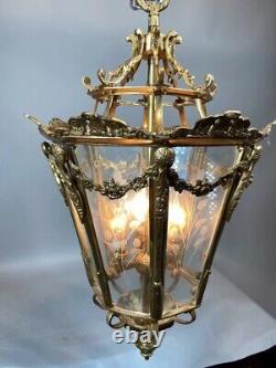Chandelier Lantern French Louis XVI Style Bronze Gold Leaf Elegant Vintage Light