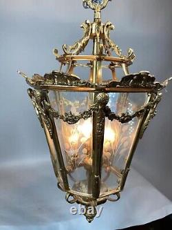 Chandelier Lantern French Louis XVI Style Bronze Gold Leaf Elegant Vintage Light