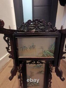 Chinese Vintage Carved Wood Lantern with Dragons & Painted Glass Panels Rare