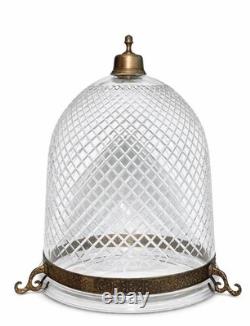 Colonial Etched Glass Bell Jar Lantern Diamond Cut Floral Brass Antique Vintage