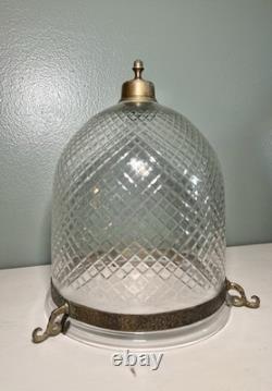 Colonial Etched Glass Bell Jar Lantern Diamond Cut Floral Brass Antique Vintage