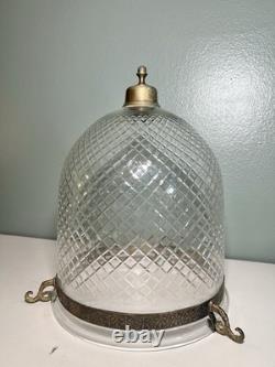 Colonial Etched Glass Bell Jar Lantern Diamond Cut Floral Brass Antique Vintage