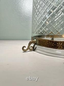 Colonial Etched Glass Bell Jar Lantern Diamond Cut Floral Brass Antique Vintage