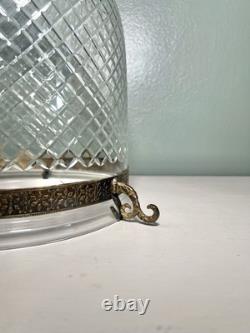 Colonial Etched Glass Bell Jar Lantern Diamond Cut Floral Brass Antique Vintage