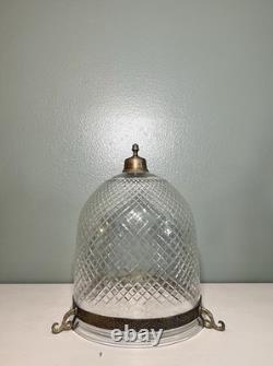 Colonial Etched Glass Bell Jar Lantern Diamond Cut Floral Brass Antique Vintage