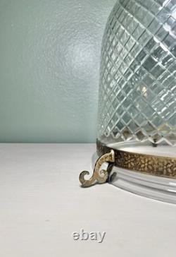 Colonial Etched Glass Bell Jar Lantern Diamond Cut Floral Brass Antique Vintage