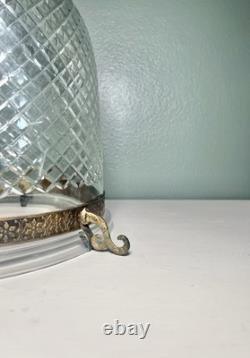 Colonial Etched Glass Bell Jar Lantern Diamond Cut Floral Brass Antique Vintage