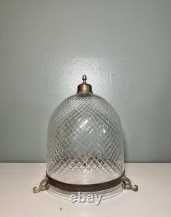 Colonial Etched Glass Bell Jar Lantern Diamond Cut Floral Brass Antique Vintage