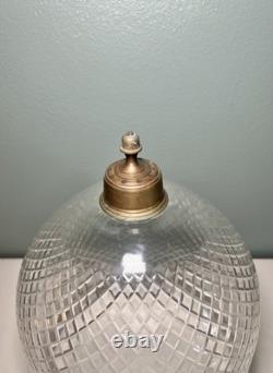 Colonial Etched Glass Bell Jar Lantern Diamond Cut Floral Brass Antique Vintage