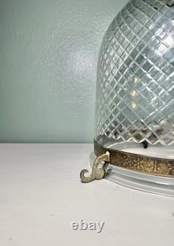 Colonial Etched Glass Bell Jar Lantern Diamond Cut Floral Brass Antique Vintage
