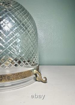 Colonial Etched Glass Bell Jar Lantern Diamond Cut Floral Brass Antique Vintage