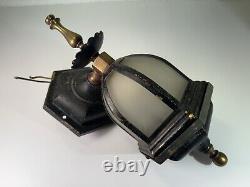 Early Art Deco 1930s Cast Iron Brass Sconce Lantern Frosted Glass Early Electric