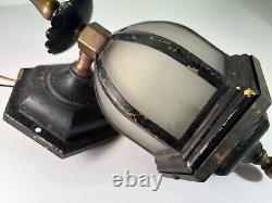 Early Art Deco 1930s Cast Iron Brass Sconce Lantern Frosted Glass Early Electric