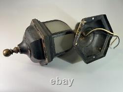 Early Art Deco 1930s Cast Iron Brass Sconce Lantern Frosted Glass Early Electric