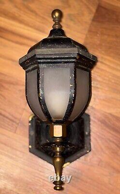 Early Art Deco 1930s Cast Iron Brass Sconce Lantern Frosted Glass Early Electric