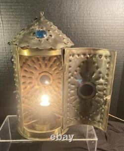 Early Bradley & Hubbard Pierced Brass Lantern with Colored Faceted Jeweled Glass
