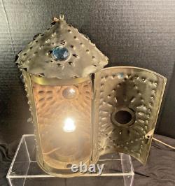 Early Bradley & Hubbard Pierced Brass Lantern with Colored Faceted Jeweled Glass