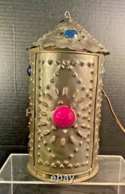 Early Bradley & Hubbard Pierced Brass Lantern with Colored Faceted Jeweled Glass