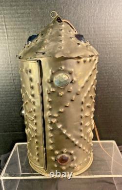 Early Bradley & Hubbard Pierced Brass Lantern with Colored Faceted Jeweled Glass