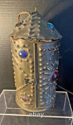 Early Bradley & Hubbard Pierced Brass Lantern with Colored Faceted Jeweled Glass