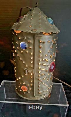 Early Bradley & Hubbard Pierced Brass Lantern with Colored Faceted Jeweled Glass