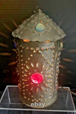 Early Bradley & Hubbard Pierced Brass Lantern with Colored Faceted Jeweled Glass