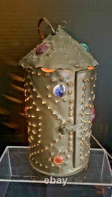 Early Bradley & Hubbard Pierced Brass Lantern with Colored Faceted Jeweled Glass