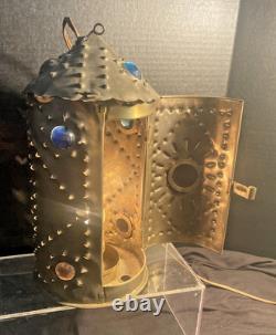 Early Bradley & Hubbard Pierced Brass Lantern with Colored Faceted Jeweled Glass