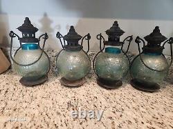 FOUR Vtg Teal Embossed Round Standing Or Hanging Lanterns