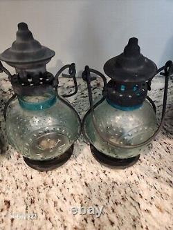 FOUR Vtg Teal Embossed Round Standing Or Hanging Lanterns