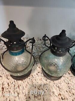 FOUR Vtg Teal Embossed Round Standing Or Hanging Lanterns