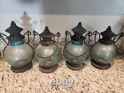 FOUR Vtg Teal Embossed Round Standing Or Hanging Lanterns