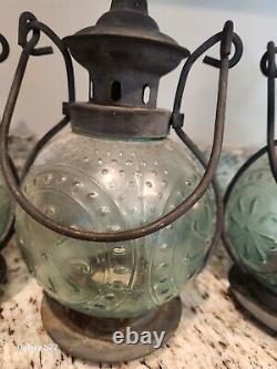 FOUR Vtg Teal Embossed Round Standing Or Hanging Lanterns