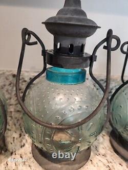 FOUR Vtg Teal Embossed Round Standing Or Hanging Lanterns