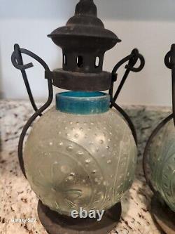 FOUR Vtg Teal Embossed Round Standing Or Hanging Lanterns