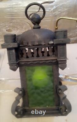 Fabulous Antique Gothic Hand Wrought Iron Lantern Pendant Chandelier w Bracket