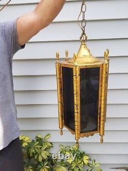 Fabulous Brass antique gold Foyer Lamp 3 Bulb 6 dark glass paneled Asian swag