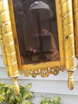 Fabulous Brass antique gold Foyer Lamp 3 Bulb 6 dark glass paneled Asian swag