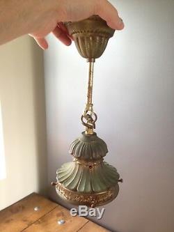 Fantastic Antique Vintage Ormolu Look & Amber Glass Hall Ceiling Light Lantern