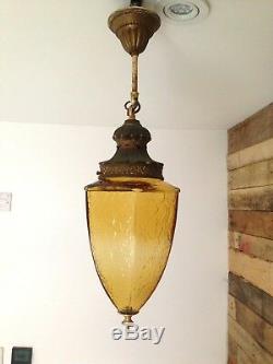 Fantastic Antique Vintage Ormolu Look & Amber Glass Hall Ceiling Light Lantern