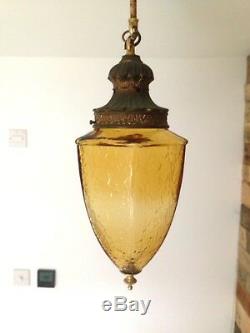 Fantastic Antique Vintage Ormolu Look & Amber Glass Hall Ceiling Light Lantern