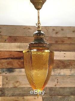 Fantastic Antique Vintage Ormolu Look & Amber Glass Hall Ceiling Light Lantern