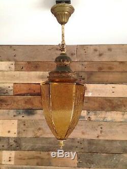 Fantastic Antique Vintage Ormolu Look & Amber Glass Hall Ceiling Light Lantern