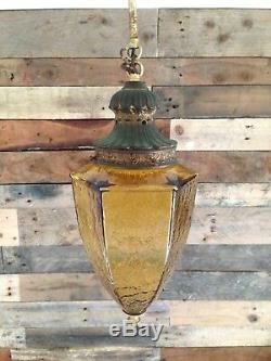 Fantastic Antique Vintage Ormolu Look & Amber Glass Hall Ceiling Light Lantern