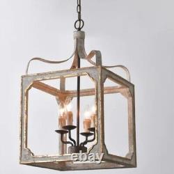 French 4-Light Lantern Chandelier Square Candelabra Pendant Light Antique Gray